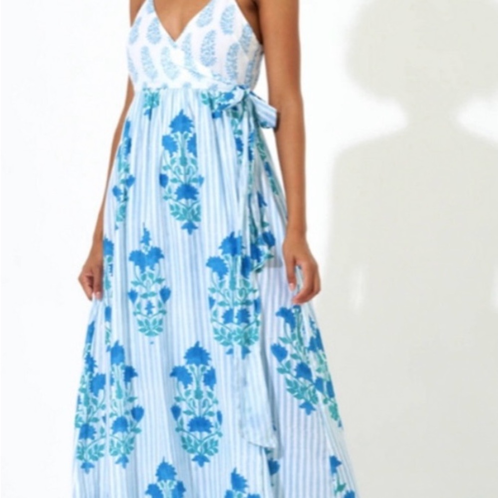 Oliphant Sleeveless Wrap Dress, Jaipur Blue Stripe, Size Small